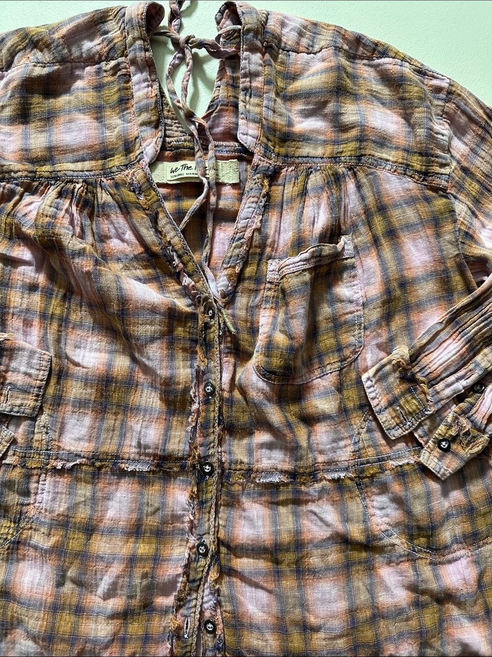 We The Free Plaid Button-Up Top in Mustard, Pink & Brown - Picture 2 of 6